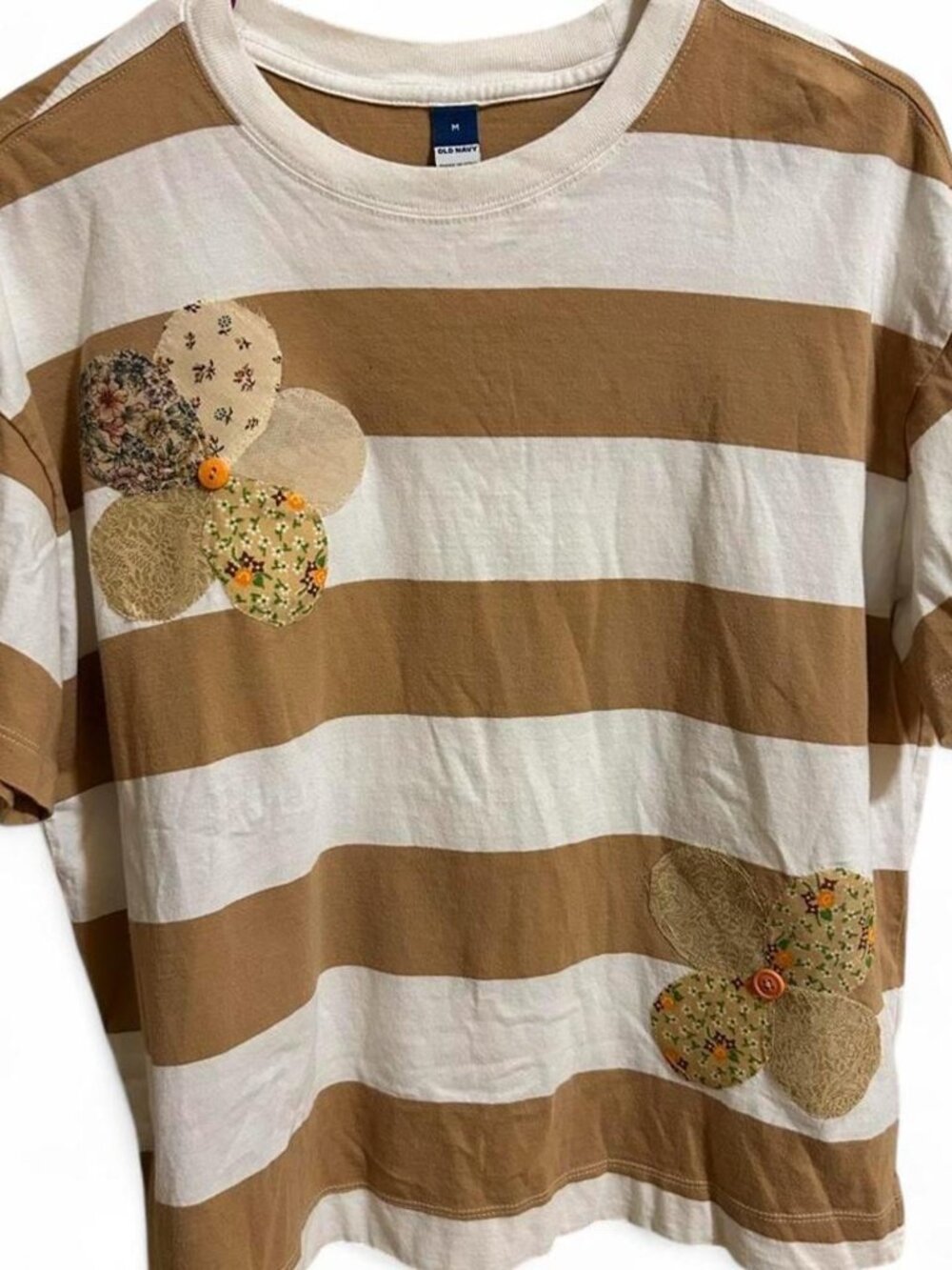 Vintage Striped T-Shirt Patchwork Floral Appliqué Y2K